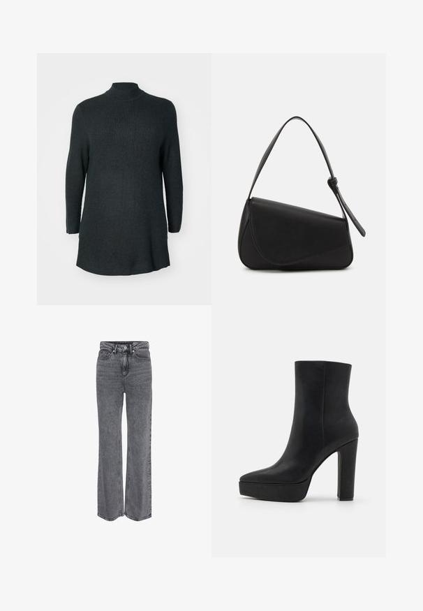 Dunkelgrünes, geripptes Strick-Tunika mit langen Ärmeln, hohem Kragen und lässiger Passform. Mit geradem Saum und seitlichen Schlitzen am unteren Ende.; Graue Denim-Jeans mit hoher Taille und geradem Bein, vorne mit Knöpfen und Reißverschluss sowie klassischem Fünf-Taschen-Design.; Schwarzer Knöchelstiefel aus strukturiertem Leder, mit spitzer Zehenpartie, einer massiven Plateau-Sohle und einem hohen Blockabsatz. Glatte Oberfläche, minimalistische Details.; Schwarze Lederhandtasche mit dreieckiger Form, schrägem Klappdeckel und rundem Oberhandgriff. Verfügt über eine glatte Textur und minimalistische Designdetails.