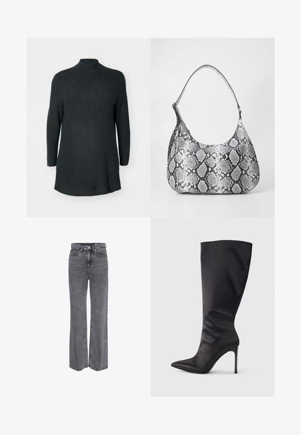 Dunkelgrünes, geripptes Strick-Tunika mit langen Ärmeln, hohem Kragen und lässiger Passform. Mit geradem Saum und seitlichen Schlitzen am unteren Ende.; Graue Denim-Jeans mit hoher Taille und geradem Bein, vorne mit Knöpfen und Reißverschluss sowie klassischem Fünf-Taschen-Design.; Schwarzer kniehoher Stiletto-Stiefel aus glattem, elegantem Material; spitze Zehe; enganliegend mit subtilen Falten nahe dem Knöchel; glänzender Absatz.; Schultertasche im schwarz-weißen Schlangenprint mit runder Form, glatter Textur und gebogenem Tragegurt. Mit einem silbernen Hardware-Akzent.