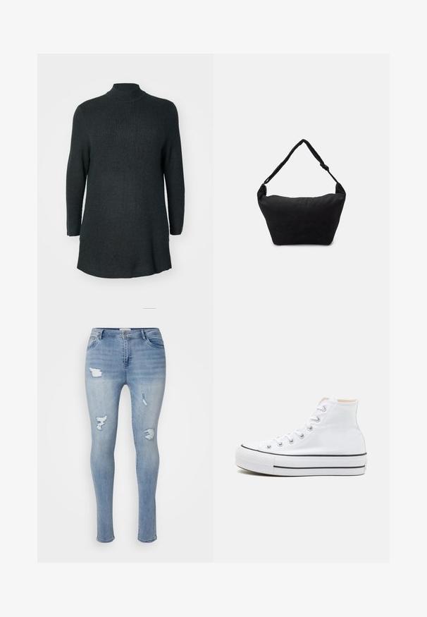 Donkergroene, geribbelde gebreide langemouwen tuniek met een hoge halslijn en een relaxte pasvorm. Beschikt over een rechte zoom en zijsplitten aan de onderkant.; Lichtblauwe skinny jeans van denim, met een gemiddelde taillehoogte, verwerkte details en subtiele vervaging. Gladde textuur met vijf zakken.; Witte hoge sneakers van canvasmateriaal, zwarte rubberen zool en contrasterende zwarte streep op de tussenzool. Circulaire neus en vetersluiting.; Zwarte stoffen schoudertas met een zachte, gestructureerde oppervlakte, ronde vorm en een enkele strap. Minimalistisch ontwerp zonder zichtbare hardware of accenten.