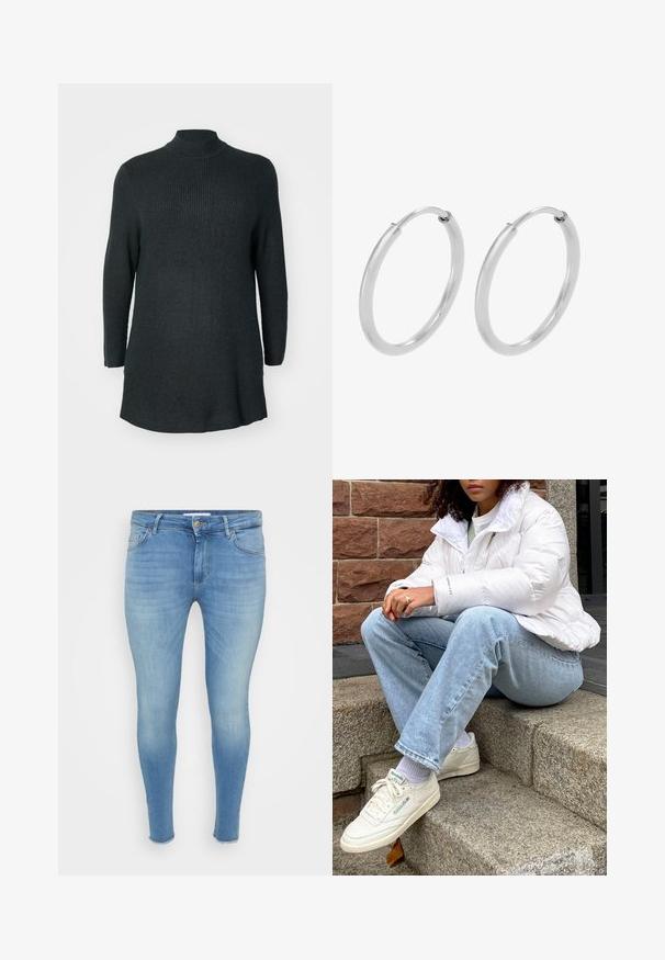 Túnica de punto acanalado de color verde oscuro, de manga larga y con un cuello alto, con un corte relajado. Presenta un dobladillo recto y aberturas laterales en la parte inferior.; Jeans ajustados de un azul claro con un lavado desgastado, diseño de cinco bolsillos, cremallera en la bragueta y ligero desgarro en los tobillos. Fabricados con material de mezclilla.; Chaqueta de plumas blanca con cuello alto, jeans de mezclilla azul claro y zapatillas Reebok blancas. Escalones de piedra texturizados en el fondo.; Pendientes de aro de plata, forma circular, textura lisa y brillante, y ancho constante en toda su extensión. Diseño minimalista sin acentos adicionales.