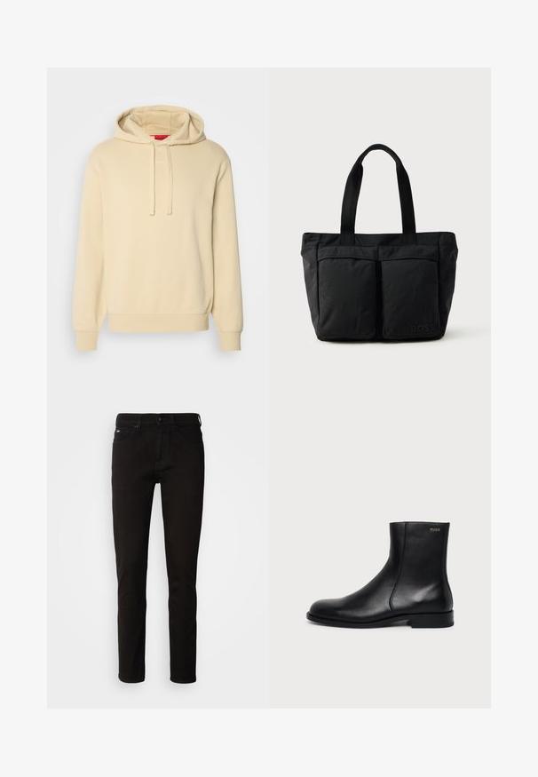 Flødefarvet hættetrøje med snørelukning, blød tekstur, ribbede manchetter og kant. Har subtil "HUGO" branding foran.; Sorte denimjeans med lige ben, lynlås og fem lommer. Stoffet har en glat tekstur uden synlige mønstre.; Sort læderankelstøvle med lav hæl, sidesyning og lille "HUGO" logo på den øverste manchet mod en ensfarvet baggrund.; Sort tote bag med blødt stof, to forlommer og robuste håndtag. Logo vist på siden. Enkel, funktionel design.