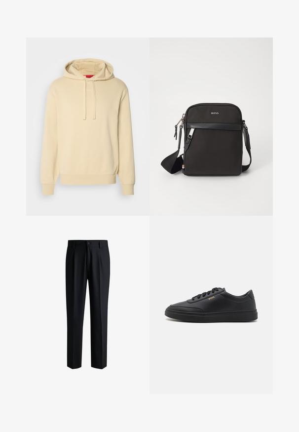 Hoodie crème avec une capuche à cordon, texture douce, poignets et ourlet côtelés. Présente un discret logo "HUGO" sur le devant.; Pantalons noirs en tissu lisse, avec une coupe droite, des plis à l'avant et une fermeture à bouton avec passants de ceinture.; Baskets en cuir noir avec une texture lisse, bout rond, semelle en caoutchouc plate et lacets ton sur ton. Présente une marque "BOSS" dorée sur le côté.; Sac bandoulière noir en tissu texturé, avec un logo sur le devant, fermeture éclair et une bandoulière réglable. Finitions en cuir lisse.