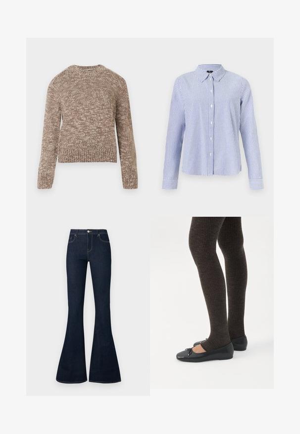 Pull en tricot marron avec un motif texturé, col rond et manches longues. Ourlet et poignets côtelés. Tissu doux et épais.; Chemise à manches longues boutonnée, avec des rayures verticales blanches et bleu clair et un col pointu, présentée sur un fond uni.; Jean en denim bleu foncé taille haute avec jambes évasées, bouton et zip à l'avant, et conception à cinq poches.; Jambes portant des leggings côtelés foncés associés à des ballerines noires avec de petits détails en nœud sur fond blanc.