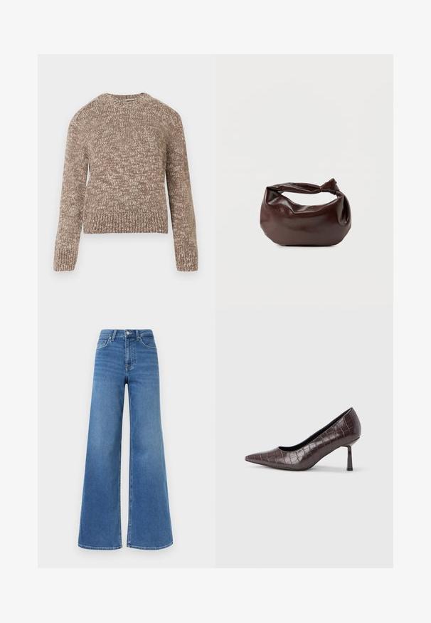 Pull en tricot marron avec un motif texturé, col rond et manches longues. Ourlet et poignets côtelés. Tissu doux et épais.; Jean en denim bleu taille haute avec jambes larges, fermeture avant à boutons et fermeture éclair, ainsi que poches avant et arrière.; Escarpins à bout pointu en similicuir marron avec une texture crocodile, dotés d’un talon fin et angulaire ainsi que d’une doublure intérieure lisse.; Sac bandoulière en cuir marron foncé avec une forme souple et décontractée et une anse nouée torsadée sur un fond blanc uni.