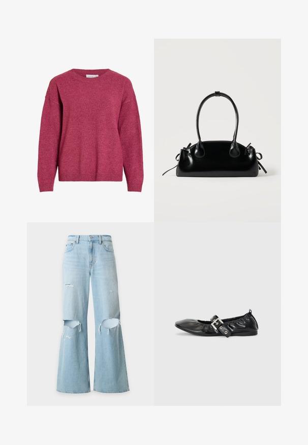 Pull à manches longues avec col rond en rose foncé chiné, poignets et ourlet côtelés, tissu en maille douce, coupe décontractée.; Jean bleu clair à jambes larges, taille haute, avec des déchirures usées aux deux genoux et une petite déchirure sur la cuisse gauche.; Chaussure plate en cuir noir avec un nez pointu, des détails froncés autour de l'ouverture et un accent en boucle argentée sur la bride ajustable.; Petit sac à main noir brillant avec deux longues anses et des détails à cordon sur les côtés sur un fond clair uni.