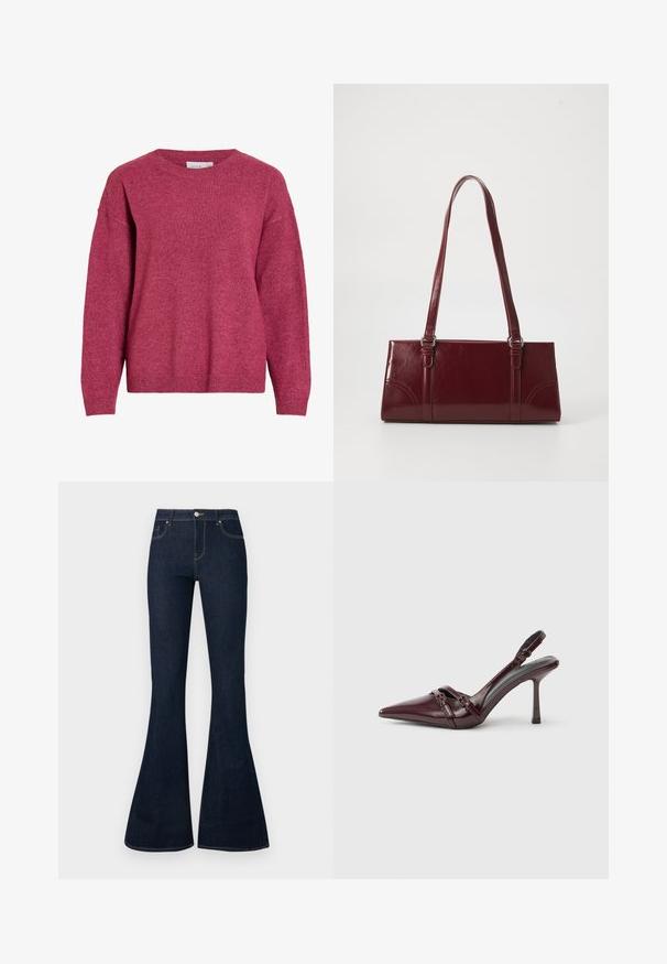 Pull à manches longues avec col rond en rose foncé chiné, poignets et ourlet côtelés, tissu en maille douce, coupe décontractée.; Jean en denim bleu foncé taille haute avec jambes évasées, bouton et zip à l'avant, et conception à cinq poches.; Escarpin slingback en cuir verni bordeaux avec bout pointu, fine bride à la cheville et petit détail décoratif de boucle. Texture lisse et talon haut.; Sac à main bordeaux en matériau brillant, de forme rectangulaire, avec deux anses et des accents légèrement courbés à l'avant.