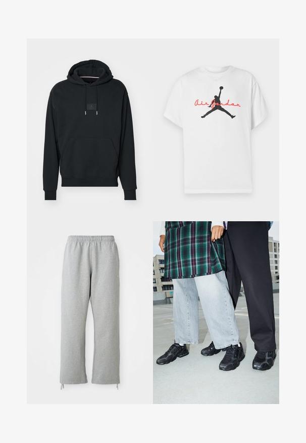 Zwarte hoodie met een voorzak, verstelbare koordjes en een klein logo-opdracht op de borst. Gemaakt van zachte, gestructureerde stof.; Wit katoenen T-shirt met een zwarte silhouet van een basketballer en rode "Air Jordan" tekst over de borst. Korte mouwen, klassieke pasvorm.; Grijze sweatpants met een elastische tailleband, rechte pijpen en trekkoordaccenten aan de zoom. Gemaakt van zachte, gestructureerde stof.; Zwarte sportieve schoenen met mesh- en rubberaccenten. Draagt een lichtgrijze wijde spijkerbroek en een groen geruit shirt. Effen achtergrond.