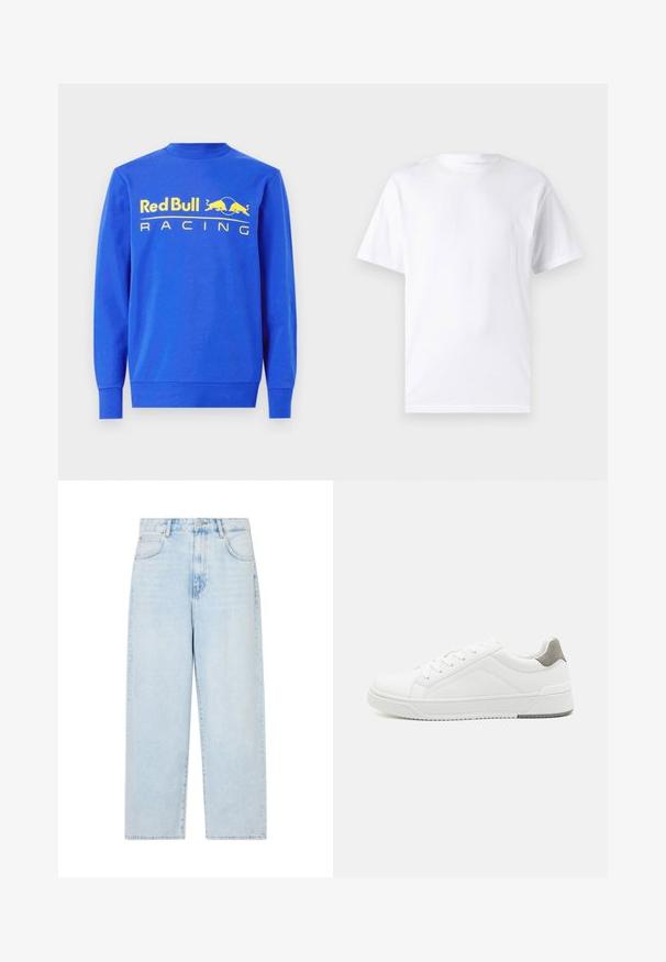 Sudadera azul de algodón, con cuello redondo ribeteado y mangas largas. En la parte frontal se muestra un gran logo amarillo de "Red Bull Racing".; Camiseta blanca de manga corta hecha de algodón con cuello redondo, que presenta una textura suave y un diseño simple sin patrones ni acentos.; Jeans de mezclilla de tiro alto en azul claro y de pierna ancha, con cinco bolsillos y cierre de botón. Textura suave con un acabado de lavado desgastado.; Zapatilla blanca con material de cuero liso, punta redonda, diseño minimalista, acento gris en el talón y suela de goma texturizada.