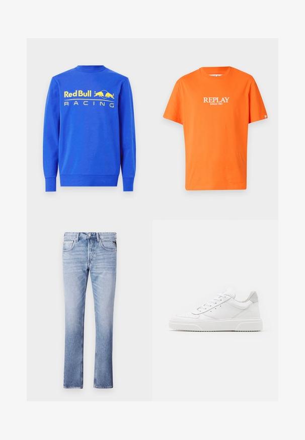 Sudadera azul de algodón, con cuello redondo ribeteado y mangas largas. En la parte frontal se muestra un gran logo amarillo de "Red Bull Racing".; Camiseta de algodón naranja con mangas cortas, con un logo blanco de "REPLAY" y el texto "SINCE 1981" centrado en el frente.; Jeans de mezclilla azul claro con un diseño de pierna recta, cinco bolsillos y detalles de costura visibles. Textura suave y ajuste clásico.; Zapatillas de cuero blanca con un acabado suave, punta redondeada, cordones planos y una suela texturada. Acento de ante gris en el talón.