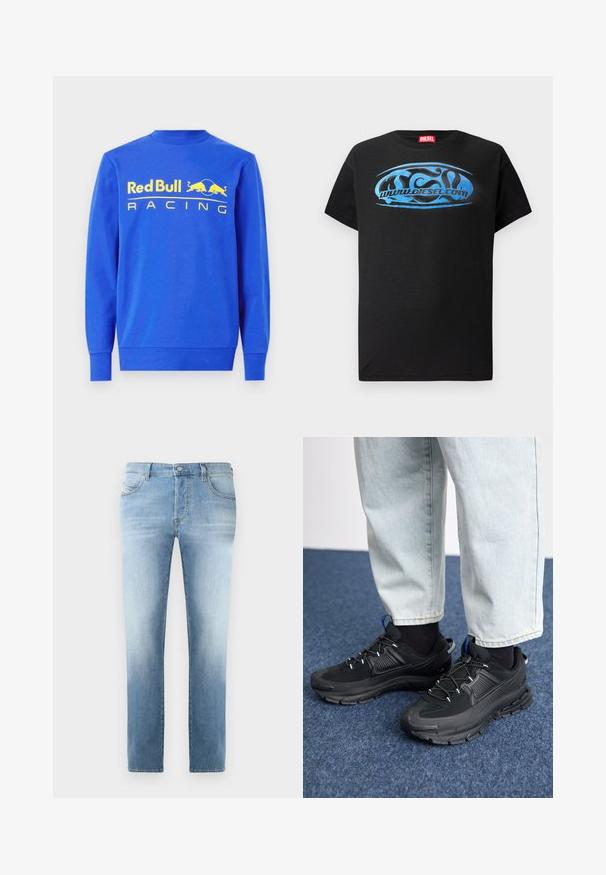 Sudadera azul de algodón, con cuello redondo ribeteado y mangas largas. En la parte frontal se muestra un gran logo amarillo de "Red Bull Racing".; Camiseta de manga corta negra de algodón, con un diseño gráfico azul que incluye el texto "www.diesel.com" en el frente.; Jeans de mezclilla azul claro con un acabado ligeramente desgastado, diseño de pierna recta, estilo de cinco bolsillos y cierre de botón de metal en la cintura.; Zapatillas deportivas negras con tejido texturizado y suelas de goma, con cordones elásticos y un acento azul en el talón. Combinadas con pantalones de mezclilla claros.