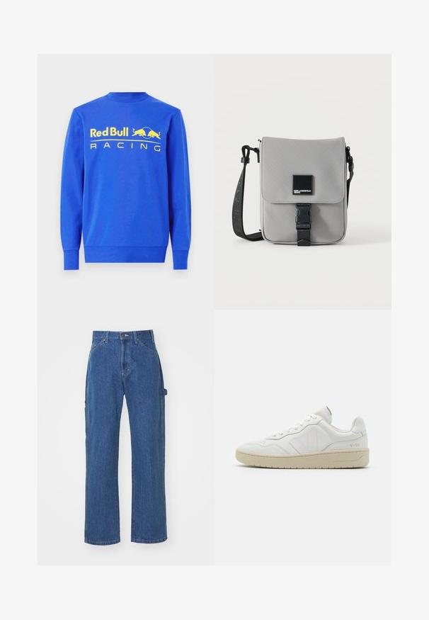 Blå sweatshirt lavet af bomuld, med ribbet rund hals og lange ærmer. Forskellen viser et stort gult "Red Bull Racing" logo.; Blå denimjeans i en afslappet pasform med lige ben, har for- og baglommer samt knaplukning i taljen.; Hvide lædersneakers med struktureret overflade og polstret krave. Har en beige gummisål og diskret branding på hælen og siden.; Grå crossbody taske med sort justerbar rem, frontklap sikret med sort spænde, med et firkantet Karl Lagerfeld Jeans logo patch.