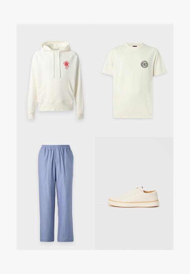CLOSED PRINTED HOODIE - Kapuutsiga pusa - ivory; Tavaline katoa valge lühikeste varrukatega T-särk väikese ümmarguse märk-logo ja vasakul rinnal olevate tähtede ning dekoratiivsete detailidega.; Kerged sinised, vabalt langevad püksid elastse vöökohtaga, kahe küljetaskuga ja sirgete jalgadega. Valmistatud pehmest kangast, millel on sile tekstuur.; Valge nahkne jooksuking, millel on ümmargune varvas, lihtne nööridega disain, pehme sisetald ja kontrastse pruuni kummitald. Sujuv tekstuur üle kogu pinda.