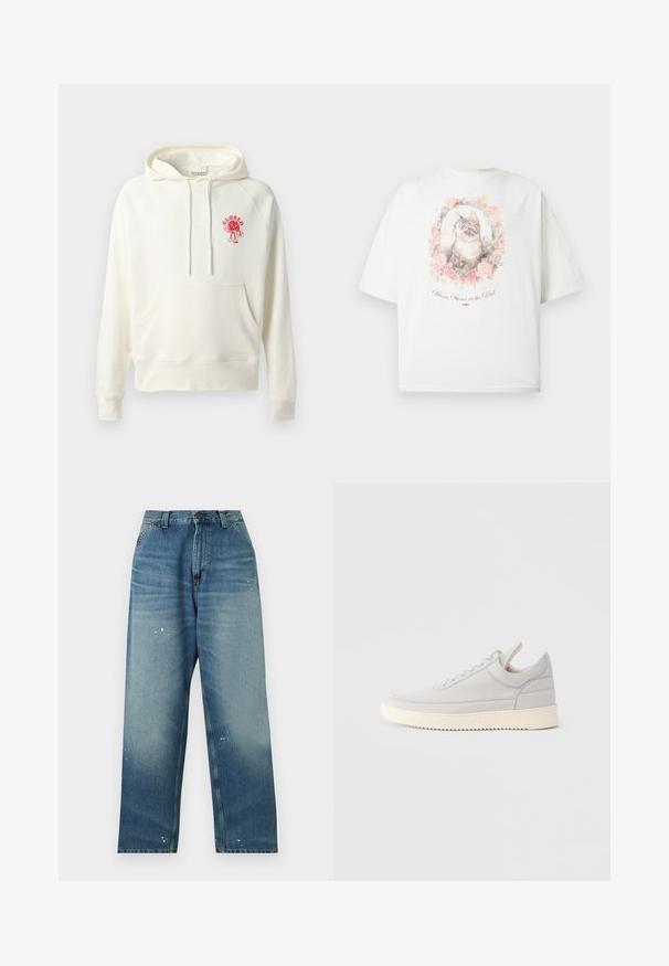 CLOSED PRINTED HOODIE - Jersey con capucha - ivory; Camiseta blanca con una ilustración enmarcada de un gato gris y blanco rodeado de rosas rosas y el texto "Espejo, espejo en la pared."; Vaqueros azules de mezclilla con pernera ancha, bolsillos frontales, cierre de botones, detalles desgastados y pequeñas manchas blancas de pintura en la parte delantera y las piernas.; Zapatilla deportiva de cuero gris claro con laterales texturizados, cordones en la parte frontal y suela de goma color crema. Presenta una puntera lisa y detalles de diseño mínimos.