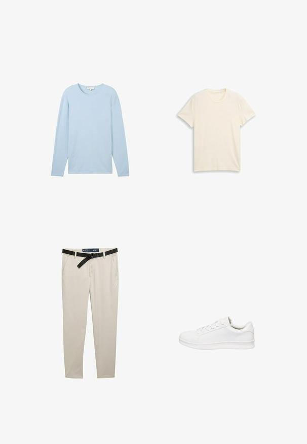 Haut texturé bleu clair à manches longues avec un col rond et un ourlet droit, fabriqué à partir d'un tissu doux et léger.; T-shirt uni à manches courtes et col rond, de couleur blanc cassé, étalé à plat sur un fond blanc.; Pantalon beige ajusté, avec une ceinture noire, deux poches avant et un tissu texturé. Taille 32 x 32.; Basket basse blanche avec fermeture à lacets, tige en cuir lisse, col rembourré et semelle épaisse en caoutchouc, présentée de profil sur fond blanc.