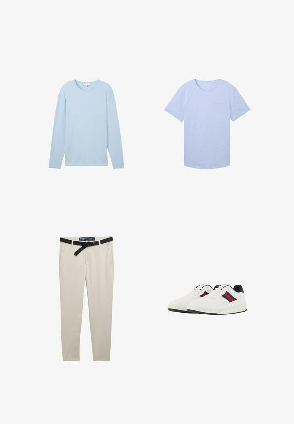Haut texturé bleu clair à manches longues avec un col rond et un ourlet droit, fabriqué à partir d'un tissu doux et léger.; T-shirt bleu clair à manches courtes en coton doux, avec un col rond et un logo subtil sur la poitrine gauche.; Pantalon beige ajusté, avec une ceinture noire, deux poches avant et un tissu texturé. Taille 32 x 32.; TOM TAILOR Baskets basses - white navy