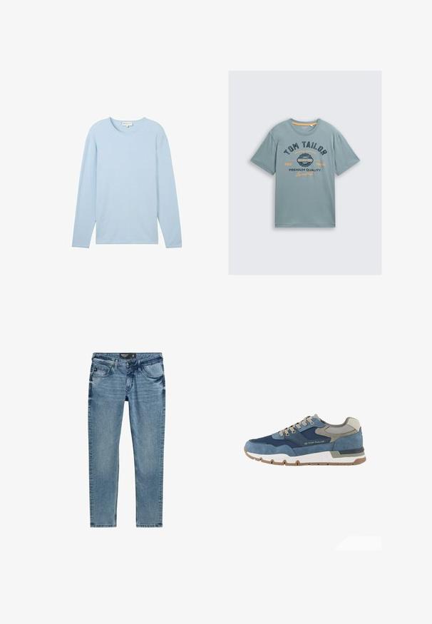 Haut texturé bleu clair à manches longues avec un col rond et un ourlet droit, fabriqué à partir d'un tissu doux et léger.; T-shirt en coton bleu clair à manches courtes. Présente un texte graphique bleu foncé et orange : "TOM TAILOR" et "QUALITÉ PREMIUM." Encolure ronde simple.; Jean en denim bleu clair avec une coupe slim, comportant cinq poches, une fermeture éclair et des détails de couture le long des coutures.; TOM TAILOR LICENCE SNEAKER MIT -BLOCKING - Baskets basses - navy