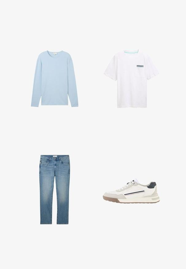 Haut texturé bleu clair à manches longues avec un col rond et un ourlet droit, fabriqué à partir d'un tissu doux et léger.; T-shirt en coton blanc à manches courtes, doté d'une poche avec une étiquette bleue et blanche. Texture lisse et coupe décontractée.; Jeans en denim bleu avec une coupe droite, dotés de cinq poches et d'une finition délavée. Le tissu a une texture lisse et un léger elastique.; Baskets blanches et beiges avec lacets blancs, semelle marron, patch noir au talon et détails à rayures latérales bleu marine et rouge.