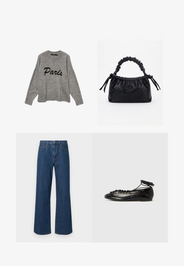 Grå strikket sweater med rund halsudskæring og ribbet kant, med "Paris" broderet i sort kursiv på forsiden.; Bredde denimjeans i mellemblå, med høj talje, frontlommer og subtile stikninger. Glat tekstur med afrundede bundkanter.; Sorte balletflade sko i laklæder med rundet tå, snørelukning og flad sål. Glat tekstur med få detaljer.; Sort taske med krokodilletekstur, rynket øverste kant, samlet hank og snore med kvaster på hver side mod en hvid baggrund.