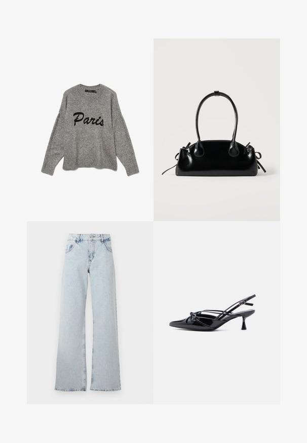 Grå strikket sweater med rund halsudskæring og ribbet kant, med "Paris" broderet i sort kursiv på forsiden.; Lyseblå bred ben jeans lavet af denim, med høj talje, bælteholdere, fem lommer og slidte områder for et vintage udseende.; Sort laklæder slingback-pumpe med spids tå, lav kittenhæl og dekorativ knyttet sløjfedetalje foran.; Lille sort blank håndtaske med to lange håndtag og snøre-detaljer i siden på en ensfarvet lys baggrund.