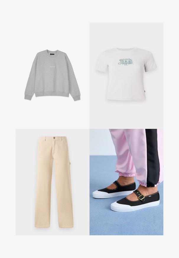 Sweatshirt gris clair en mélange de coton. Il présente un col rond et des épaules tombantes. L'avant arbore un petit texte blanc "PEGA.DOR".; T-shirt blanche courte à côtes avec des manches courtes et un petit motif floral vert centré sur la poitrine.; Pantalons en velours côtelé beige avec une coupe large, texture à côtes verticales, poches avant et détail de bouton sur le côté.; Baskets noires en toile avec une semelle blanche, présentant un design découpé et une sangle en boucle dorée. Portées avec un pantalon de survêtement rose.