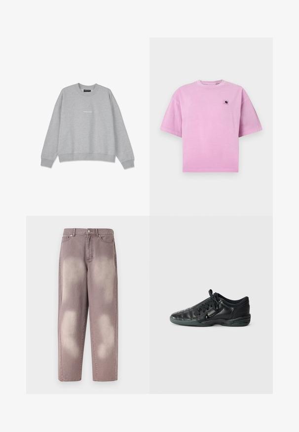 Sweatshirt gris clair en mélange de coton. Il présente un col rond et des épaules tombantes. L'avant arbore un petit texte blanc "PEGA.DOR".; T-shirt en coton rose à manches courtes, col rond, avec une petite écusson logo sur la partie gauche de la poitrine. Texture lisse et coupe décontractée.; Jean en denim délavé violet, taille haute, fermeture par bouton, avec deux poches avant, présenté sur un fond uni.; Chaussure de sport en cuir noir avec un design matelassé, bout arrondi, lacets à l'avant et semelle en caoutchouc. Présente une marque discrète sur le côté.