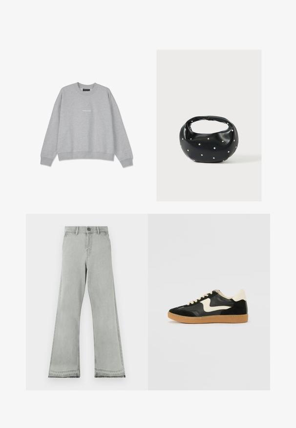 Lys grå sweatshirt lavet af bomuldsblanding. Har en rund halsudskæring og dropped shoulders. Foran har den en lille hvid tekstdetalje "PEGA.DOR".; Lysegrå flared jeans lavet af denim, med knaplukning, en lige linning og en let slidt tekstur ved kanterne.; Sorte ruskinds- og lædersneakers med en cremefarvet side-swoosh og lys cremefarvet hæl. Har beige snørebånd og en gummirubber-sål.; Sort læderhåndtaske med en rundet form, dekoreret med sølvnitter, og et kort håndtag. Glat tekstur og lynlåslukning.