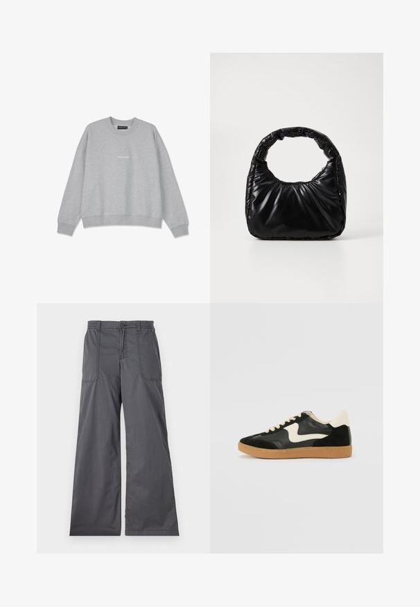 Sweatshirt gris clair en mélange de coton. Il présente un col rond et des épaules tombantes. L'avant arbore un petit texte blanc "PEGA.DOR".; Pantalons gris à jambes larges avec une texture lisse, dotés de poches avant, d'une fermeture par bouton et de détails cousus le long des coutures.; Baskets en daim et cuir noir avec un swoosh latéral crème et un talon crème clair. Dotées de lacets beige et d'une semelle en caoutchouc gomme.; Sac à main noir rembourré avec une poignée arrondie, présentant une surface lisse et brillante ainsi qu'une texture douce et matelassée. Pas de quincaillerie ou d'accents visibles.