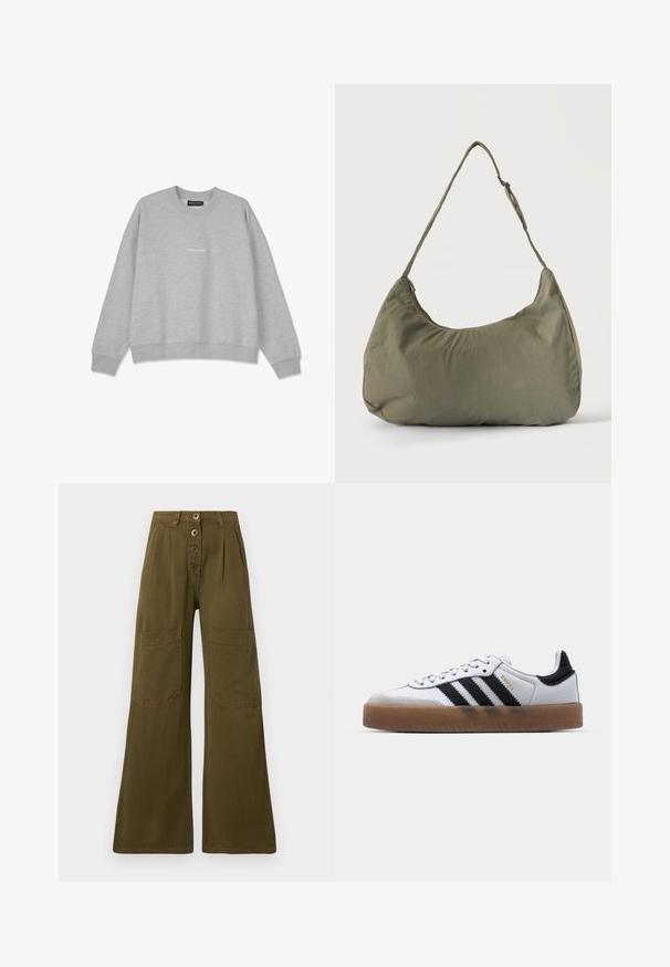 Sweatshirt gris clair en mélange de coton. Il présente un col rond et des épaules tombantes. L'avant arbore un petit texte blanc "PEGA.DOR".; Pantalon large kaki à taille haute, fermeture avant à quatre boutons, et grandes poches plaquées rectangulaires sur les cuisses.; Baskets en cuir blanc avec des rayures noires, semelle extérieure en caoutchouc beige, bout rond, fermeture lacée et embout en suède gris doux.; Sac à épaule en tissu doux vert olive avec fermeture éclair et bandoulière réglable sur un fond uni clair.