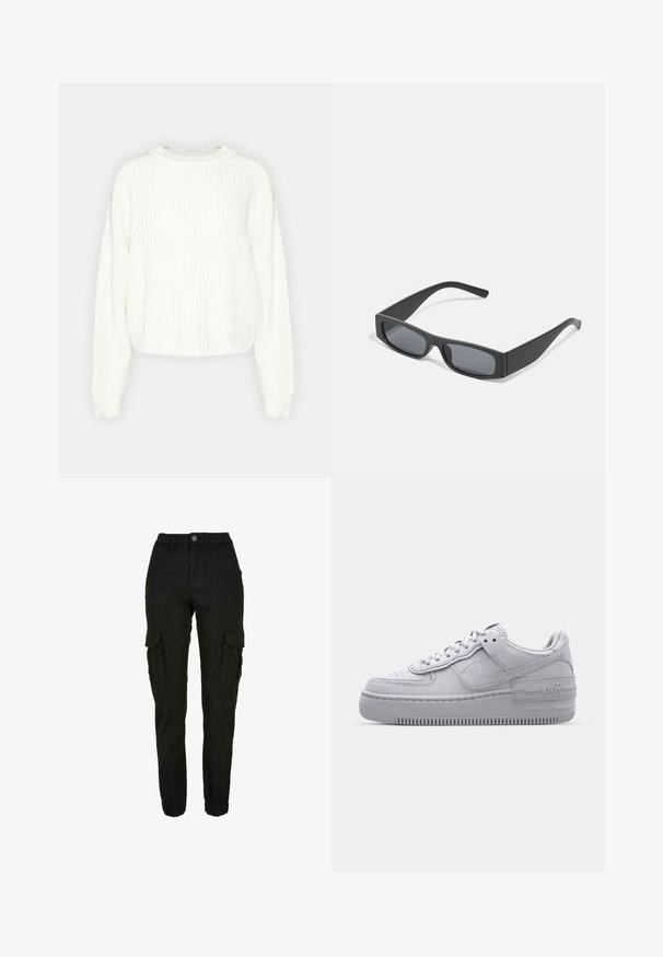 Pull en maille blanche avec un col rond, des manches longues et une coupe décontractée. Présente un motif texturé et un ourlet et des poignets côtelés.; Pantalon cargo noir taille haute, poches latérales à rabat, poches avant, passants de ceinture, fermeture à boutons et poignets élastiqués.; Basket en cuir lisse gris Nike Air Force 1 avec un bout perforé, une semelle épaisse et un détail 'AIR' en relief sur le talon.; Lunettes de soleil noires rectangulaires avec des verres foncés et des montures en mat épais. Les branches sont légèrement effilées avec une texture lisse.