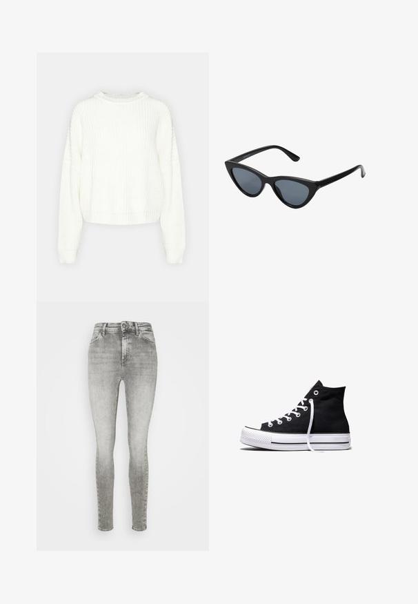 Pull en maille blanche avec un col rond, des manches longues et une coupe décontractée. Présente un motif texturé et un ourlet et des poignets côtelés.; Jeans skinny en denim gris à taille haute, avec un design classique à cinq poches et des détails subtilement décolorés sur l'ensemble.; Baskets montantes en toile noire avec semelle en caoutchouc blanche et lacets blancs, vues de côté sur un fond blanc.; Lunettes de soleil noires en forme d'œil de chat avec des verres gris foncé, monture en plastique élégante, coins pointus et branches droites. Pas de métal visible ni d'accents.