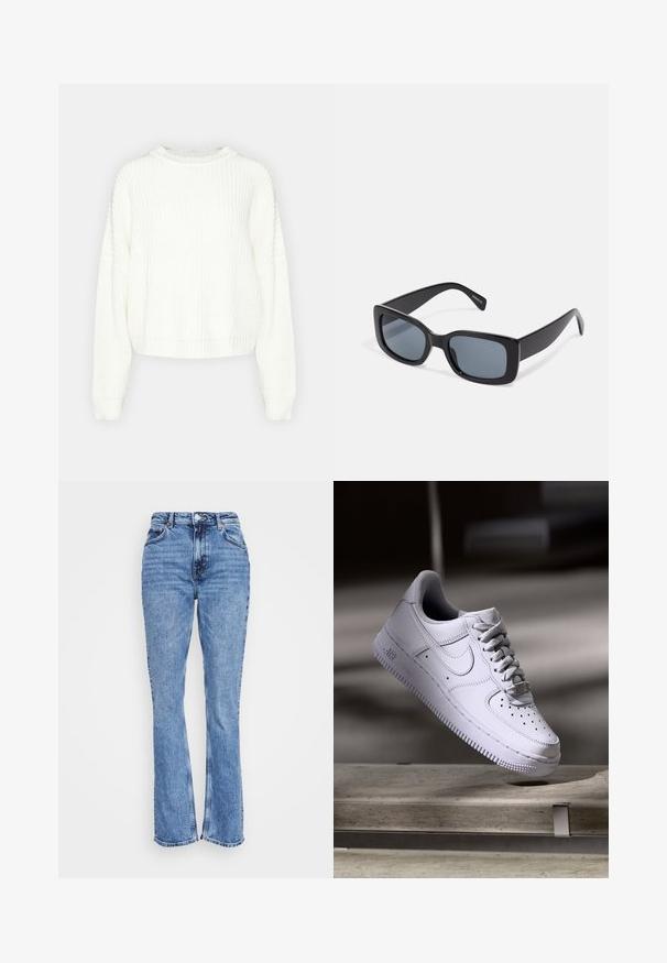 Pull en maille blanche avec un col rond, des manches longues et une coupe décontractée. Présente un motif texturé et un ourlet et des poignets côtelés.; Weekday SMOOTH HIGH - Jean slim - winter blue; Baskets Nike Air Force 1 blanches lévitant au-dessus d'une surface en béton avec des ombres dans un cadre minimaliste.; Lunettes de soleil rectangulaires noires avec des verres teintés foncés, monture en plastique épaisse et branches larges. Surface lisse et design angulaire.