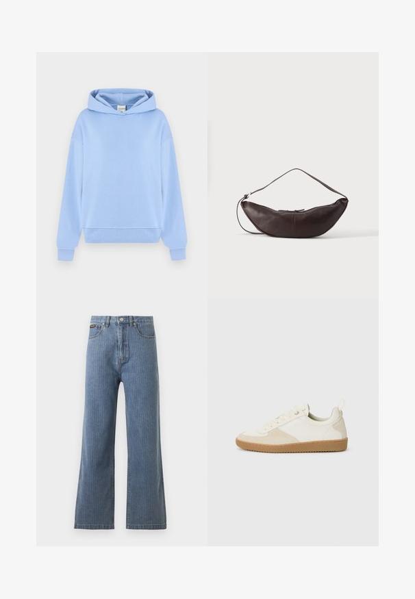 Sweat à capuche bleu clair à manches longues, avec poignets côtelés et poche frontale, présenté sur un fond clair uni.; Jean bleu taille haute à jambes droites avec poches avant, passants de ceinture et fermeture par bouton sur fond uni.; Baskets blanches en cuir et daim, présentant une surface texturée, une forme arrondie et une semelle en caoutchouc gomme. Design à lacets avec une languette.; Sac d'épaule en cuir marron foncé en forme de croissant avec une lanière courbée et des coutures visibles sur fond uni.
