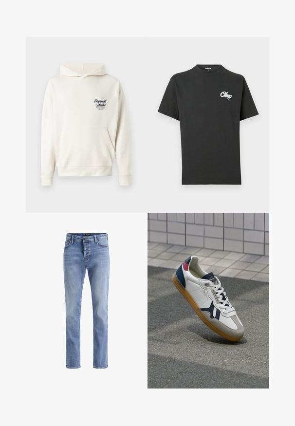 Kreemivärvi hoodie, millel on pehme materjal, esi-profili tasku, soonikkoes varrukad ja väike tikand logoga rinna piirkonnas.; Must lühikeste varrukatega T-särk, millel on vasakul rinnal väike valge "Obey" tekstilogoga, ümarselg, kaelasisesel märgitud suurus on keskmine.; Hele sinised sirge säärega teksad, ees nupu, lukuga ja viie taskuga, valmistatud Jack & Jonesi poolt.; Valge nahast tenniseking, millel on tumesinised, punased ja hallid aktsendid. Omab kummist tallat, paeltega esipinda ja tasast disaini mitmekesisteks kasutamisvõimalusteks.