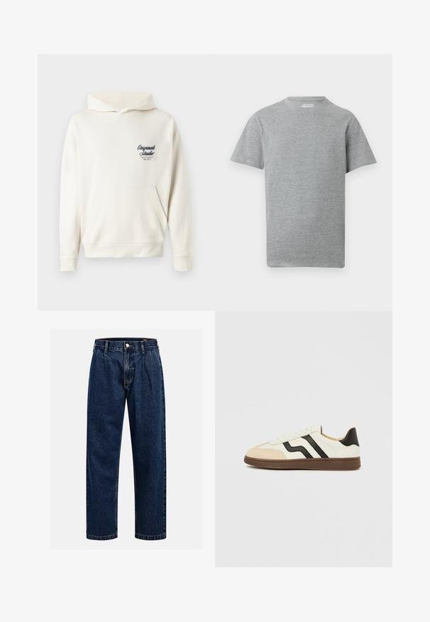 Kræmfarvet hoodie lavet af blødt stof, med en lomme foran, ribbede manchetter og et lille broderet logo på brystet.; Simpel grå kortærmet t-shirt med rund hals og et lille hvidt "ONLY & SONS" mærke indeni kraven.; Mørkeblå denimjeans med lige ben-design. Har synlige syninger, en knaplukning og frontfoldninger for ekstra detalje.; Hvid læder sneakers med sorte striber og tan ruskind tækkappe. Gummisål i mørkebrun. Snørebånd og polstret krave fuldender designet.