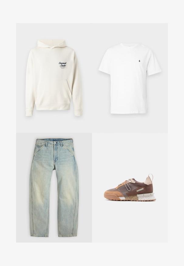 Crème-kleurige hoodie gemaakt van zachte stof, met een voorzak, ribgebreide manchetten en een klein geborduurd logo op de borst.; Wit katoenen T-shirt met V-hals en korte mouwen, voorzien van een klein zwart logo op de borst. Gladde textuur, casual pasvorm.; Lichtblauwe jeans met wijde pijpen, gemaakt van denim. Heeft vijf zakken, een knoopsluiting en vervaagde plekken voor een versleten uitstraling.; Bruine en beige sneaker van suède en mesh, met gestructureerde accenten, reflecterende veters en een gespikkelde buitenzool, voorzien van een opvallend logo.