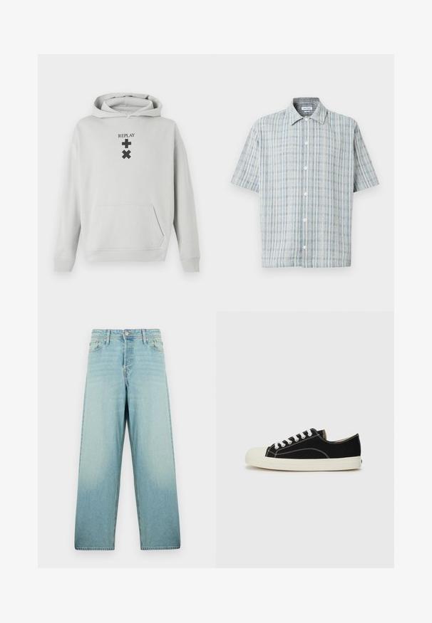 Lys grå hoodie med en frontlomme, prydet med sort "REPLAY" tekst og grafiske symboler. Blødt stof, afslappet pasform, ribbet manchetter.; Kortærmet skjorte med knapper, blå og hvid ternet mønster, spredt krave og hvide knapper ned foran.; Lyseblå wide-leg jeans lavet af denim med en falmet vask. Har en frontknaplukning og fem lomme-design.; Sorte lærredssneakers med hvid syning, en rund gummitå, og hvide snørebånd. Har en tekstureret stofoverdel og en beige sål.