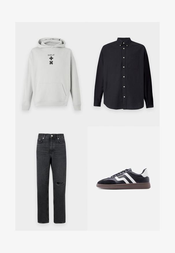 Lys grå hoodie med en frontlomme, prydet med sort "REPLAY" tekst og grafiske symboler. Blødt stof, afslappet pasform, ribbet manchetter.; Sort langærmet skjorte lavet af bomuld. Har en button-down krave, frontlomme og en fuld knapstolpe med lysfarvede knapper.; Sorte denim jeans med lige ben, der har et revnet knæ, fem-lomme design og metalbeslag ved taljen og lommerne.; Sorte sneakers med ruskind og syntetisk materiale, hvide diagonale striber og en brun tekstureret sål. Har snøredesign og polstret krave.