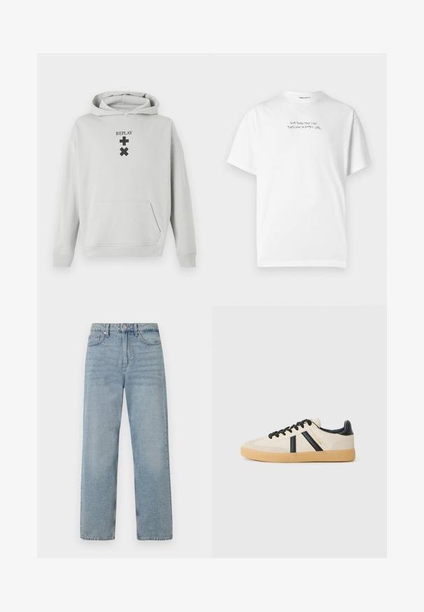 Lys grå hoodie med en frontlomme, prydet med sort "REPLAY" tekst og grafiske symboler. Blødt stof, afslappet pasform, ribbet manchetter.; Hvid T-shirt med korte ærmer og lille sort tekst på brystet, der lyder: "Gode ting tager tid, derfor er jeg altid forsinket."; Lys blå denim jeans med høj talje, lige ben-design, fem-lommes styling og subtil falming for et slidt udseende.; Casual sneakers i creme med sorte striber, med en tekstureret overdel og sål i gummigummi. Snørebåndene er sorte. Diskret logo på siden.