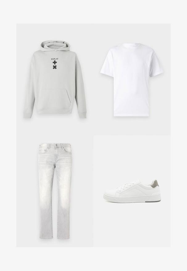 Lys grå hoodie med en frontlomme, prydet med sort "REPLAY" tekst og grafiske symboler. Blødt stof, afslappet pasform, ribbet manchetter.; Hvid kortærmet t-shirt lavet af bomuld med rund hals, der har en glat tekstur og et simpelt design uden mønstre eller accenter.; Lys grå denim jeans med lige ben, subtile falmninger, forlommer og en enkelt baglomme. Klassisk knap- og lynlås-lukning.; Hvid sneaker lavet af glat læder, rund tå, minimalistisk design, grå hælafsats og tekstureret gummisål.