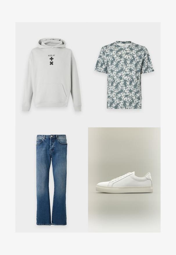 Hoodie gris clair avec une poche frontale, arborant le texte noir "REPLAY" et des symboles graphiques. Tissu doux, coupe décontractée, poignets côtelés.; T-shirt à manches courtes de couleur sarcelle, présentant un motif floral blanc. Fabriqué en tissu léger et à coupe décontractée.; Jean en denim bleu clair avec une coupe droite, comportant cinq poches, une fermeture à boutons, et un léger effet délavé sur le tissu.; Baskets blanches basses à lacets sur l’avant et semelle épaisse, vues de côté sur un fond neutre.
