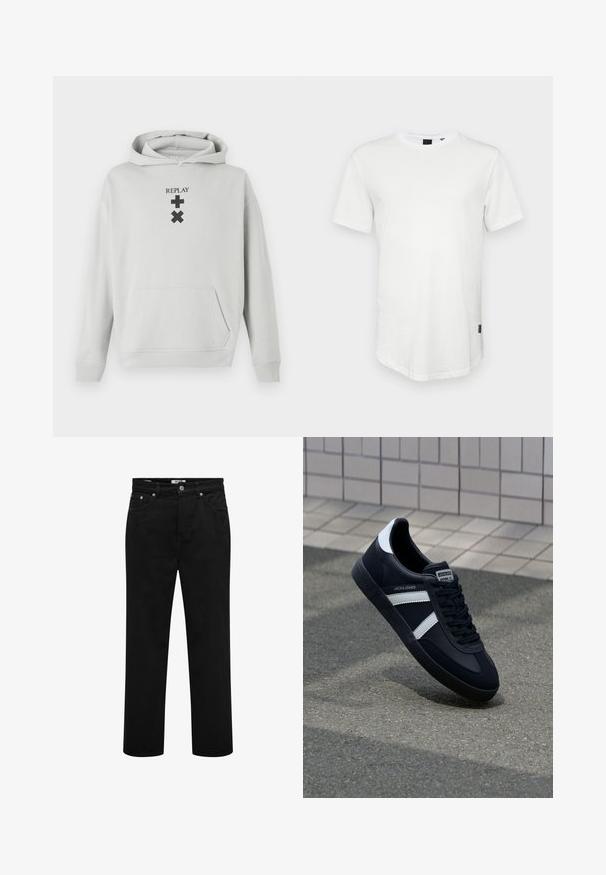 Hoodie gris clair avec une poche frontale, arborant le texte noir "REPLAY" et des symboles graphiques. Tissu doux, coupe décontractée, poignets côtelés.; T-shirt blanc à manches courtes en coton, avec un col rond et un dos légèrement allongé, arborant un petit logo sur le côté.; Jeans noirs à jambes droites avec poches avant, passants pour ceinture, fermeture par bouton et détails de coutures visibles.; Sneaker en cuir noir avec des rayures blanches, semelle en caoutchouc texturée et devant à lacets. Présente une étiquette de marque sur la languette.