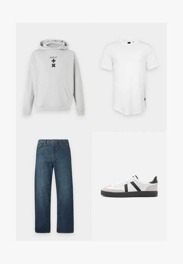 Lys grå hoodie med en frontlomme, prydet med sort "REPLAY" tekst og grafiske symboler. Blødt stof, afslappet pasform, ribbet manchetter.; Hvid kortærmet t-shirt lavet af bomuld, med rund halsudskæring og en let forlænget ryg, samt en lille logoaccent på siden.; Mørkeblå straight-leg denim jeans med fem lommer, knaplukning og bæltestropper på en ensfarvet hvid baggrund.; Hvide sneakers med sorte og grå detaljer, med en tekstureret grå tåhætte, sort gummisål og flade hvide snørebånd. Rent design, minimalistisk stil.