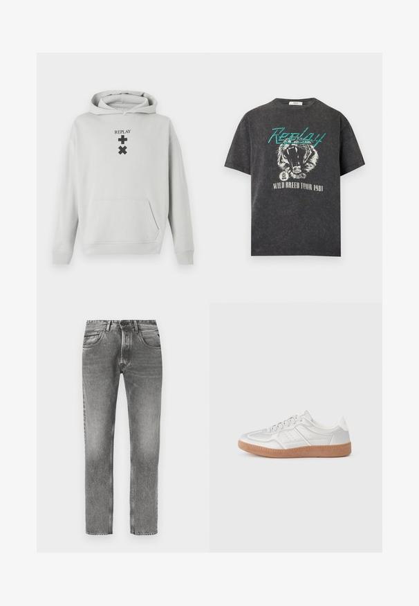 Lys grå hoodie med en frontlomme, prydet med sort "REPLAY" tekst og grafiske symboler. Blødt stof, afslappet pasform, ribbet manchetter.; Sort vasket T-shirt med turkis "Replay" tekst, brølende tiger grafik og hvid "Wild Breed Tour 1981" tekst nedenunder.; Grå denimjeans med et lige bensnit, med en falmet finish, fem lommer, bæltestropper og kontrasterende syningsdetaljer.; Sølv sneakers med en glat overflade, snørebånd, perforerede detaljer og en struktureret brun gummi sål.