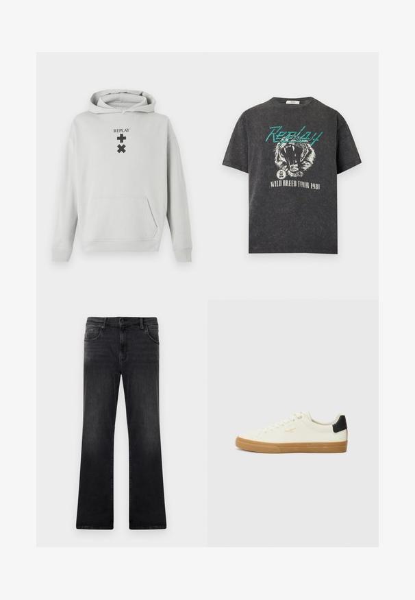 Hoodie gris clair avec une poche frontale, arborant le texte noir "REPLAY" et des symboles graphiques. Tissu doux, coupe décontractée, poignets côtelés.; T-shirt noir délavé avec texte "Replay" en sarcelle, motif tigre rugissant et texte blanc "Wild Breed Tour 1981" en dessous.; Jean en denim noir évasé avec une texture lisse, comportant cinq poches et une fermeture à bouton, montrant une finition délavée.; Sneaker en toile blanche avec une semelle en gomme, accent au talon noir, bout rond et design à lacets. Présente le logo de la marque en doré sur le côté.