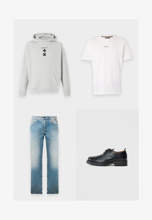 Lichtgrijze hoodie met een voorzak, voorzien van zwarte "REPLAY" tekst en grafische symbolen. Zacht stof, losse pasvorm, ribgebreide boorden.; Witte katoenen T-shirt met een v-halsontwerp, korte mouwen en een kleine "REPLAY" op de borst gedrukt. Soepele textuur, casual pasvorm.; Lichtblauwe denim jeans met een rechte pijp, gekenmerkt door een vervaagde wassing, vijf zakken en een knoopsluiting bij de taille.; Zwarte leren derby schoenen met een gladde textuur, ronde neus, vetersluiting en een dikke, robuuste rubberen zool.