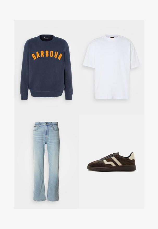 Sweatshirt bleu marine avec un logo "Barbour" brodé en orange sur la poitrine. Le pull a un col rond et des manches longues.; T-shirt en coton blanc avec un col rond, des manches courtes et une coupe décontractée. Les coutures épaules texturées ajoutent un détail supplémentaire.; Jeans en denim bleu clair avec une coupe droite, dotés de cinq poches, d'une fermeture à bouton et d'une légère décoloration sur le tissu.; Baskets en daim et velours côtelé marron foncé avec des bandes latérales beige, lacets à l'avant et semelle en caoutchouc texturée, vues de côté sur fond blanc.