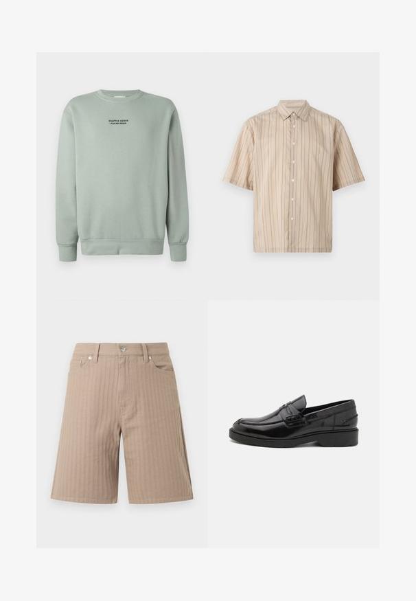 Kerge salvei rohelise värvi ümarkaelusega sviiter, millel on pikad varrukad ja must tekst "Crafted Goods - Pier One Denim", mis on paigutatud rindkere keskossa.; Beež lühikeste varrukatega nööbitav särk, millel on õhukesed vertikaalsed mustad triibud ning klassikaline krae, ühevärvilisel taustal.; Beežid lühikesed püksid tekstuurse kangaga, millel on vertikaalsed triibud, vöökoht ees oleva nupuga ja küljetaskud.; Mustad mustad nahast loaferid, millel on sile viimistlus, ümar varvas, madal konts ja dekoratiivne õmblus esiküljel. Kummist välistald, mis tagab haarde.