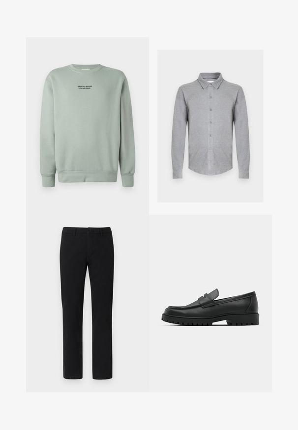 Licht salie groene crewneck sweatshirt met lange mouwen en zwarte tekst "Crafted Goods - Pier One Denim" gecentreerd op de borst.; Grijs langärmelig shirt van zacht stof, met een kraag, knopen aan de voorkant en een afgeronde zoom. Eenvoudig ontwerp zonder patronen.; Zwarte chino's met een rechte pijp, gemaakt van een gladde katoenmix, voorzien van riemlussen en een knoopsluiting aan de voorkant.; Zwarte leren instappers met een ronde neus, voorzien van een gestikt ontwerp, een lage platformzool en een gestructureerde, grof rubberen buitenzool.