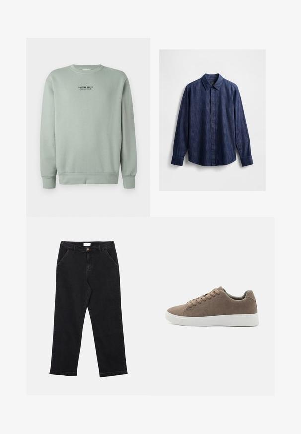 Svetlá šalviová mikina s dlhými rukávmi a čiernym textom "Crafted Goods - Pier One Denim" umiestneným na hrudi.; Tmavomodrá rifľová košeľa s klasickým golierom, dlhými rukávmi, zapínaním na gombíky vpredu a mierne textúrovanou látkou. Bez viditeľných vzorov.; Čierne riflové nohavice so strihom na rovno, vybavené zapínaním na gombík, štyrmi vreckami a textúrovanou látkou. Jednoduchý a univerzálny dizajn.; Hnedé semišové tenisky s plochými bielymi gumovými podrážkami, dizajn so šnurovaním, zaoblená špička a hladká textúra. Minimalistický štýl s jemnými švovými detailmi.