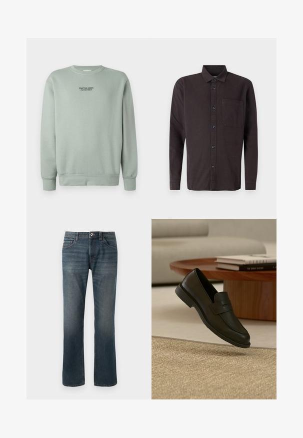 Licht salie groene crewneck sweatshirt met lange mouwen en zwarte tekst "Crafted Goods - Pier One Denim" gecentreerd op de borst.; Donkerbruine langemouwen shirt van katoen, met een knoopsluiting kraag, een voorzak en zwarte knopen voor de sluiting.; Donkerblauwe spijkerbroek met een recht model. Kenmerken zijn onder andere vijf zakken, contrasterende stiksels, en een sluiting met een knoop en rits aan de voorkant.; Zwarte leren loafer schoen getoond in de lucht boven een beige geweven tapijt, met een houten tafel en gestapelde boeken in een zacht verlichte woonkamer.